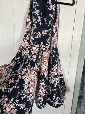 Macy's Navy Floral A-Line Dress with Pink and Cream Blooms
